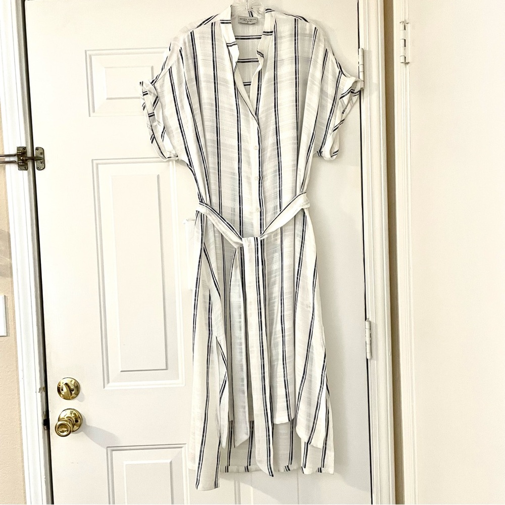 Midi Button-Down White Dress with Blue Stripes